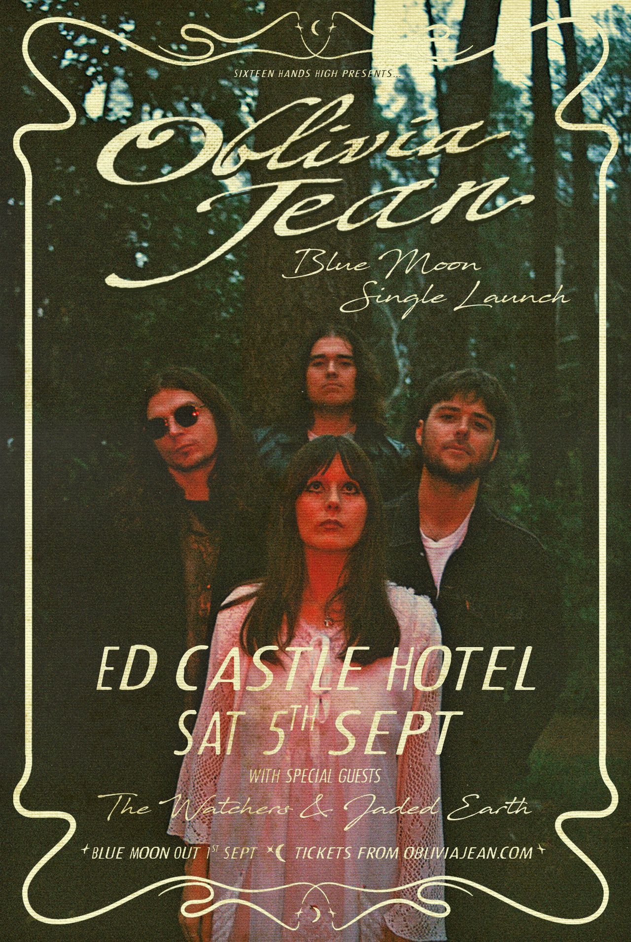 Adelaide band Oblivia Jean "Blue Moon" single launch poster featuring the group in the woods and September show details at the Ed Castle.